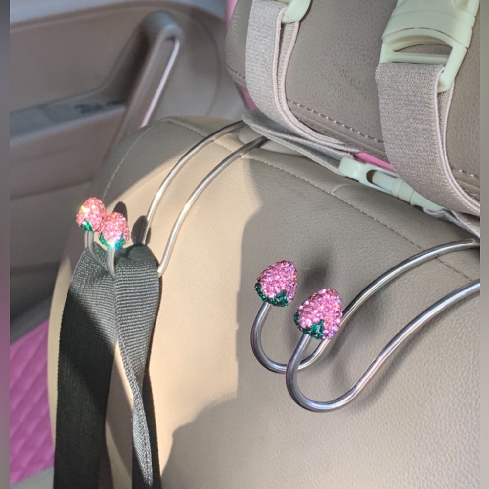 🍓NEW 2pc Strawberry Rhinestone Pink Car Headrest Hooks for Bags Purses and more